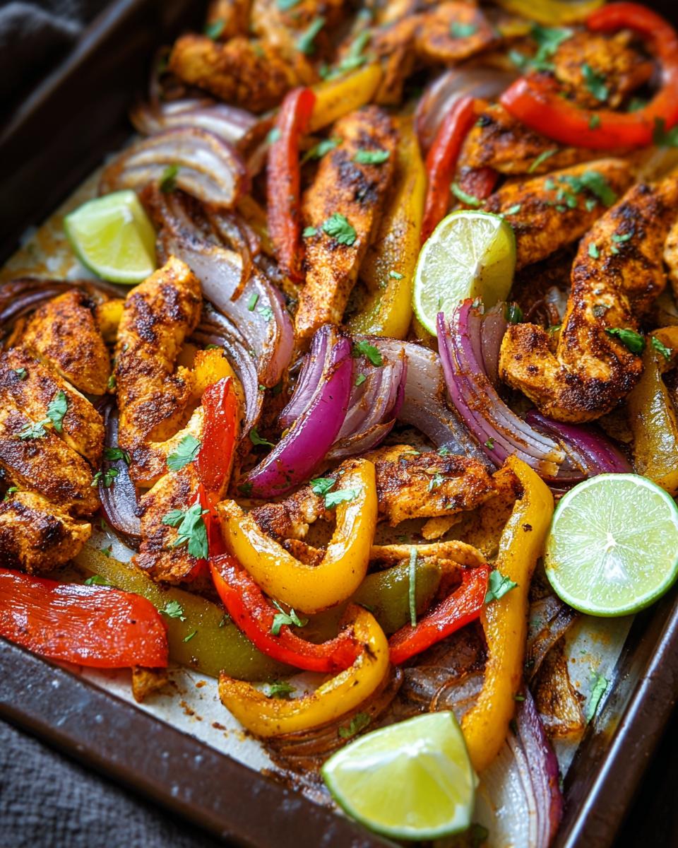A close-up shot of Sheet Pan Chicken Fajitas with colorful bell peppers, red onions, and lime wedges, seasoned and roasted on a baking sheet.