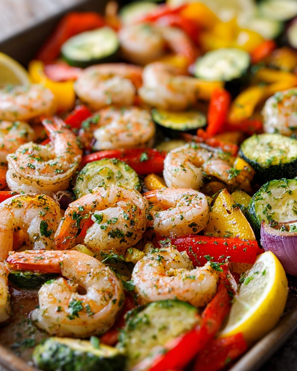 Close-up of a sheet pan filled with colorful Sheet Pan Shrimp and Veggies with Herbs, including shrimp, zucchini, bell peppers, and lemon.
