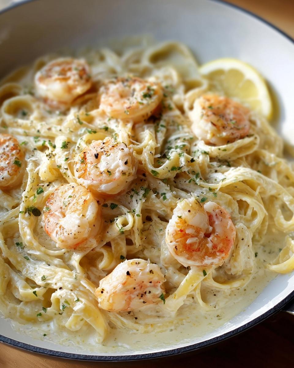 A close-up of Shrimp Alfredo pasta, featuring fettuccine noodles coated in creamy parmesan sauce and topped with seasoned shrimp and parsley.
