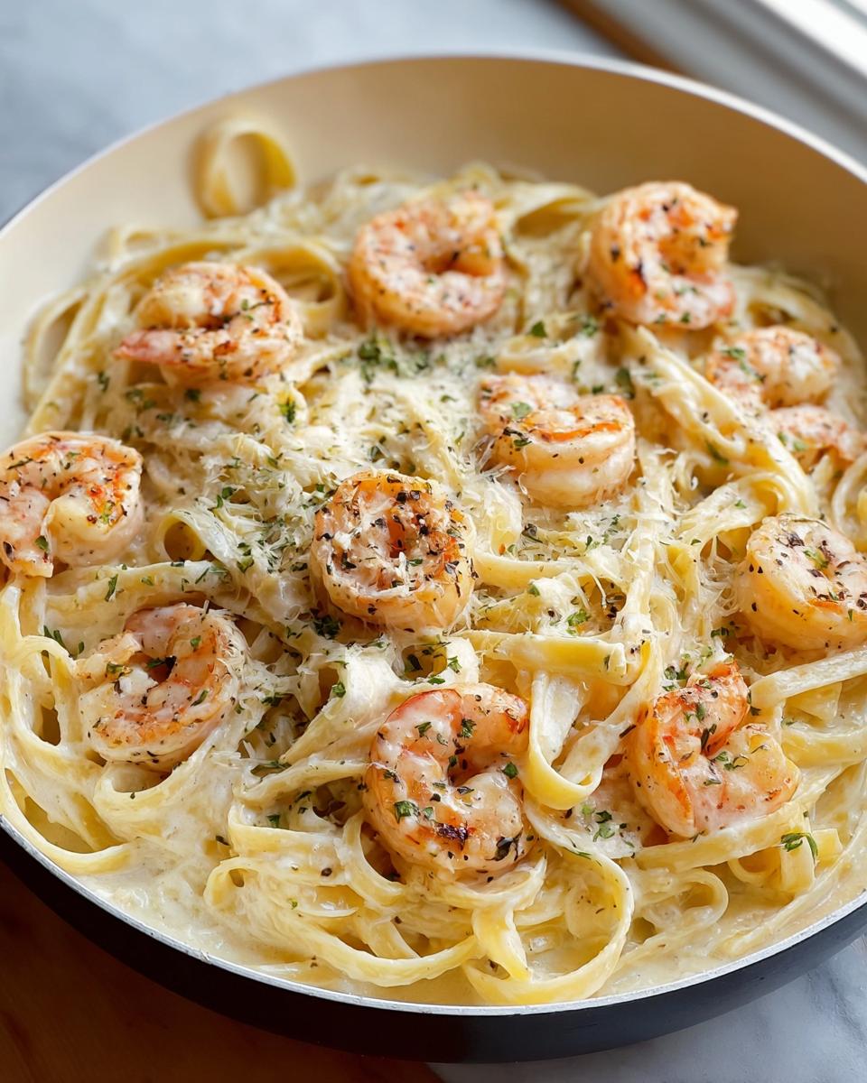 Close-up of Shrimp Alfredo pasta with creamy parmesan sauce and fresh parsley.