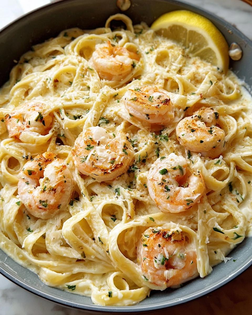 A close-up of Shrimp Alfredo pasta featuring fettuccine noodles coated in a creamy parmesan sauce, topped with cooked shrimp and parsley.