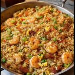 A close-up of flavorful Shrimp Fried Rice with plenty of crispy bits, plump shrimp, peas, and scrambled egg.