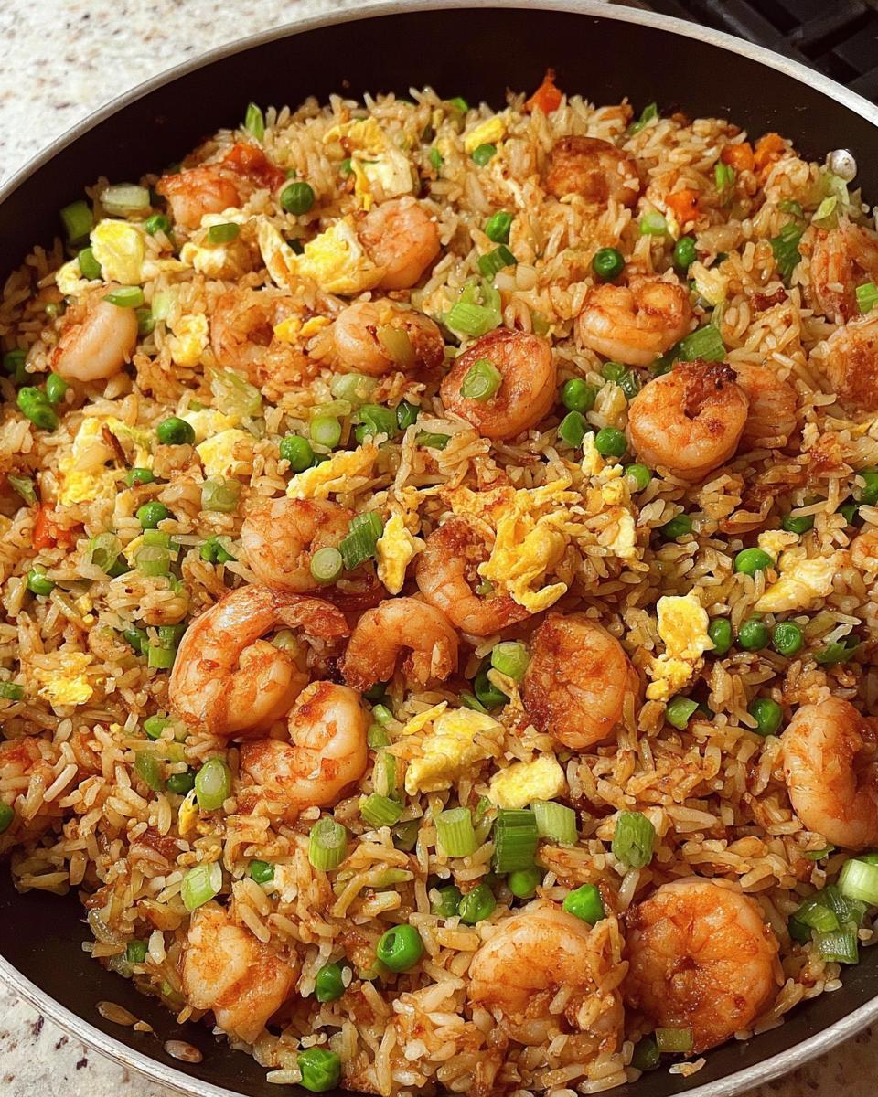 Close-up of Shrimp Fried Rice with extra crispy bits, featuring plump shrimp, scrambled eggs, peas, and green onions.