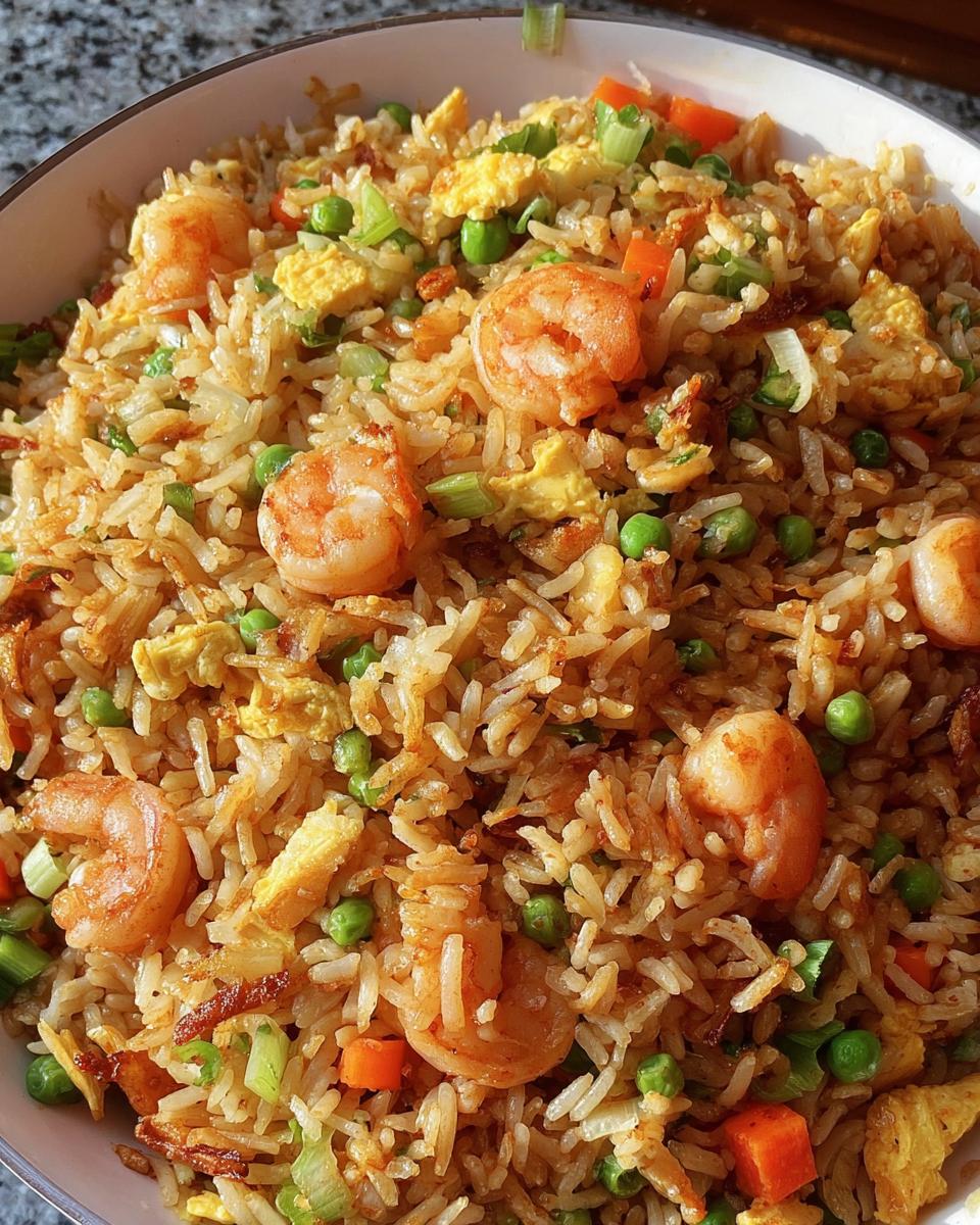 A close-up view of delicious Shrimp Fried Rice with extra crispy bits, featuring plump shrimp, peas, carrots, and scrambled egg.