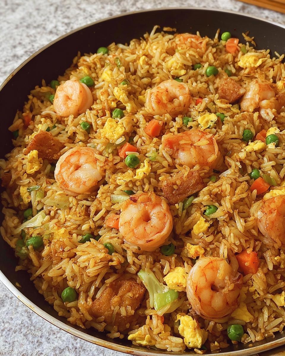 Close-up of delicious Shrimp Fried Rice with extra crispy bits, shrimp, peas, and scrambled eggs in a pan.