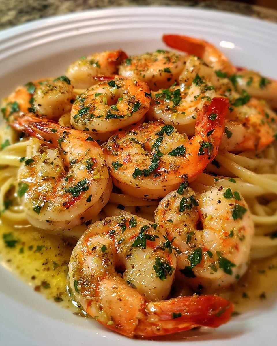 Close-up of Shrimp Scampi with Bright Lemon and Butter sauce, garnished with parsley, served over linguine.