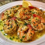 A plate of Shrimp Scampi with bright lemon and butter sauce, served over linguine and garnished with parsley.
