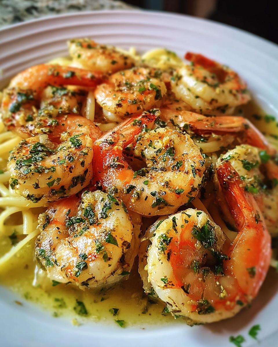 Close-up of succulent Shrimp Scampi with Bright Lemon and Butter sauce, tossed with linguine and fresh parsley.