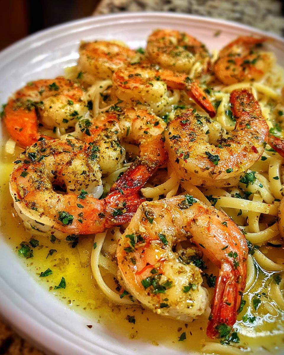 Close-up of Shrimp Scampi with Bright Lemon and Butter, featuring plump shrimp coated in a glossy lemon-butter sauce and sprinkled with parsley, served over pasta.