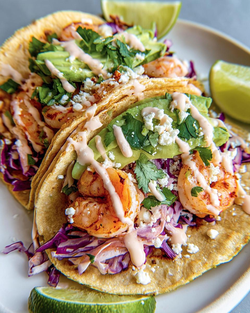 Close-up of delicious Shrimp Tacos with Creamy Lime Sauce, topped with avocado, cilantro, and crumbled cheese.