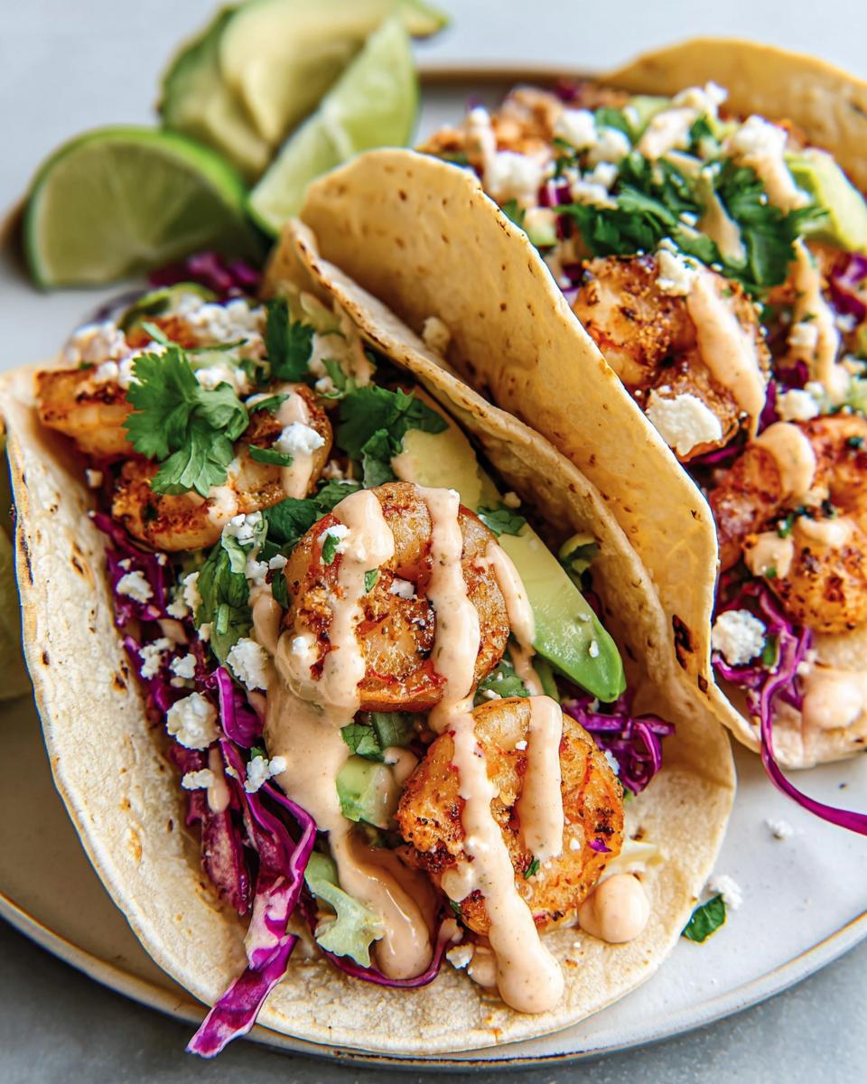 Two delicious Shrimp Tacos with Creamy Lime Sauce, filled with shrimp, avocado, red cabbage, and cilantro.