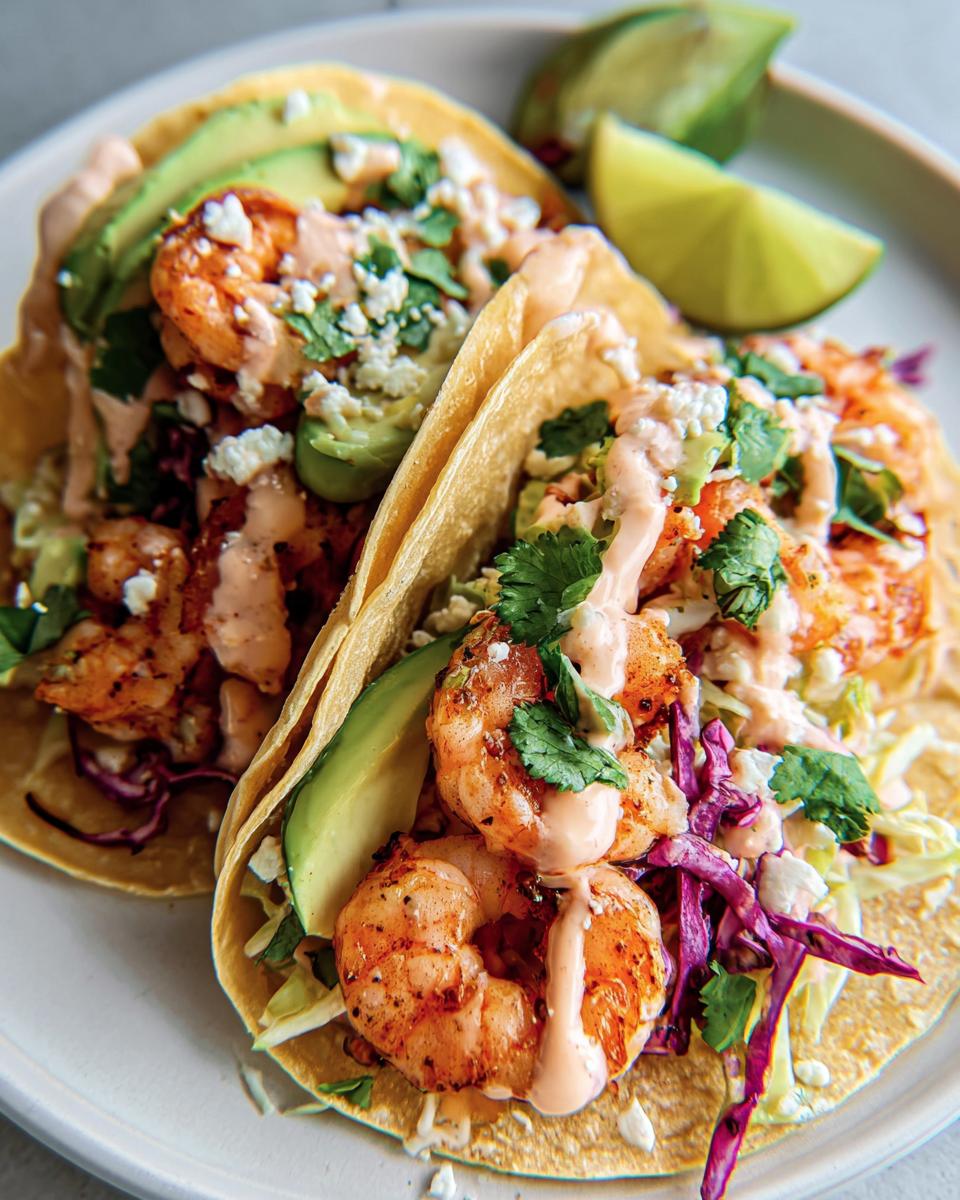 Two delicious shrimp tacos with creamy lime sauce, avocado, cilantro, and red cabbage.