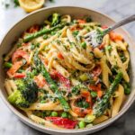 A bowl of Simple Pasta Primavera with Colorful Veggies, featuring penne pasta, asparagus, broccoli, carrots, peas, and red bell peppers.