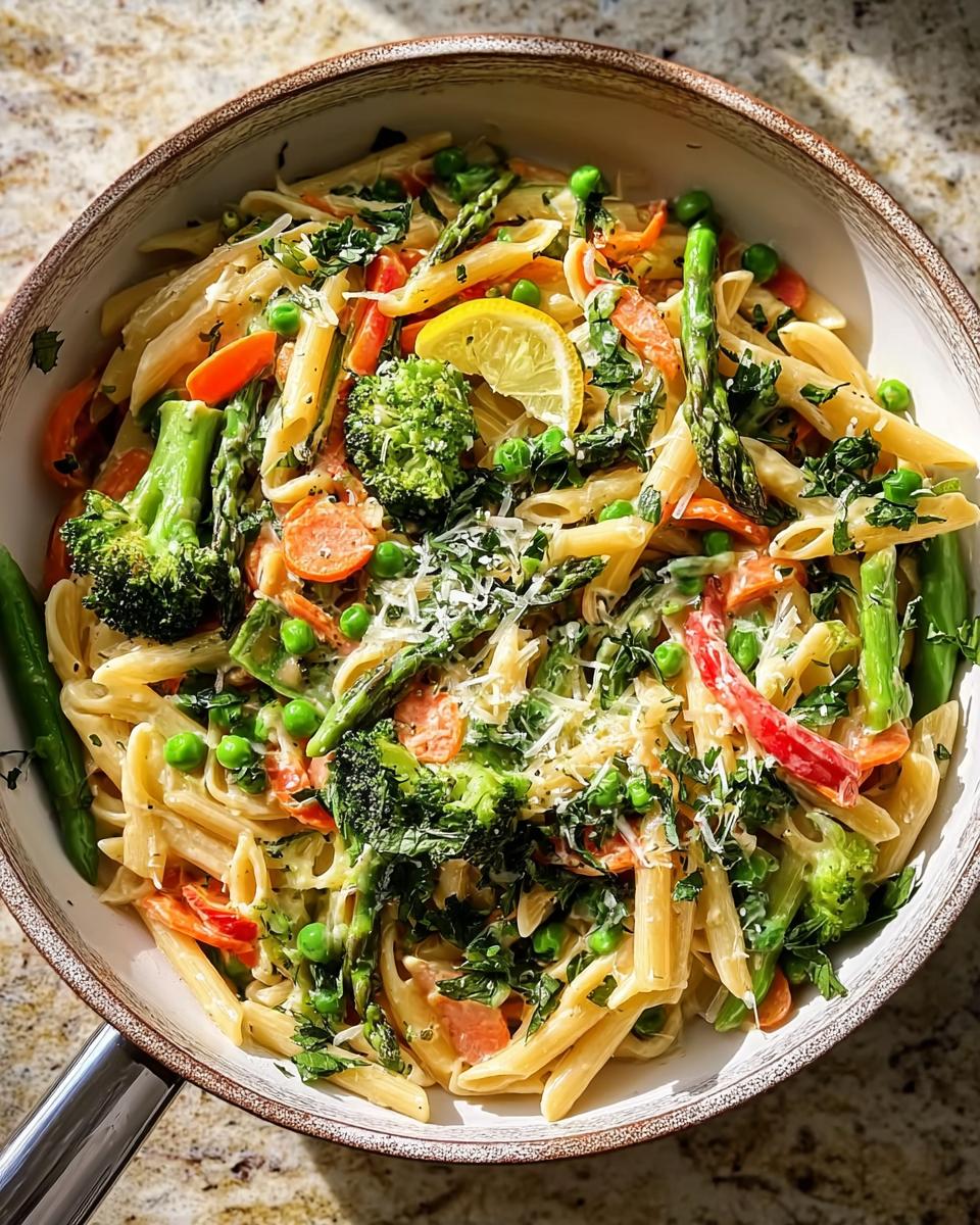 A bowl of Simple Pasta Primavera with Colorful Veggies, featuring penne pasta, broccoli, asparagus, peas, carrots, and red bell peppers.