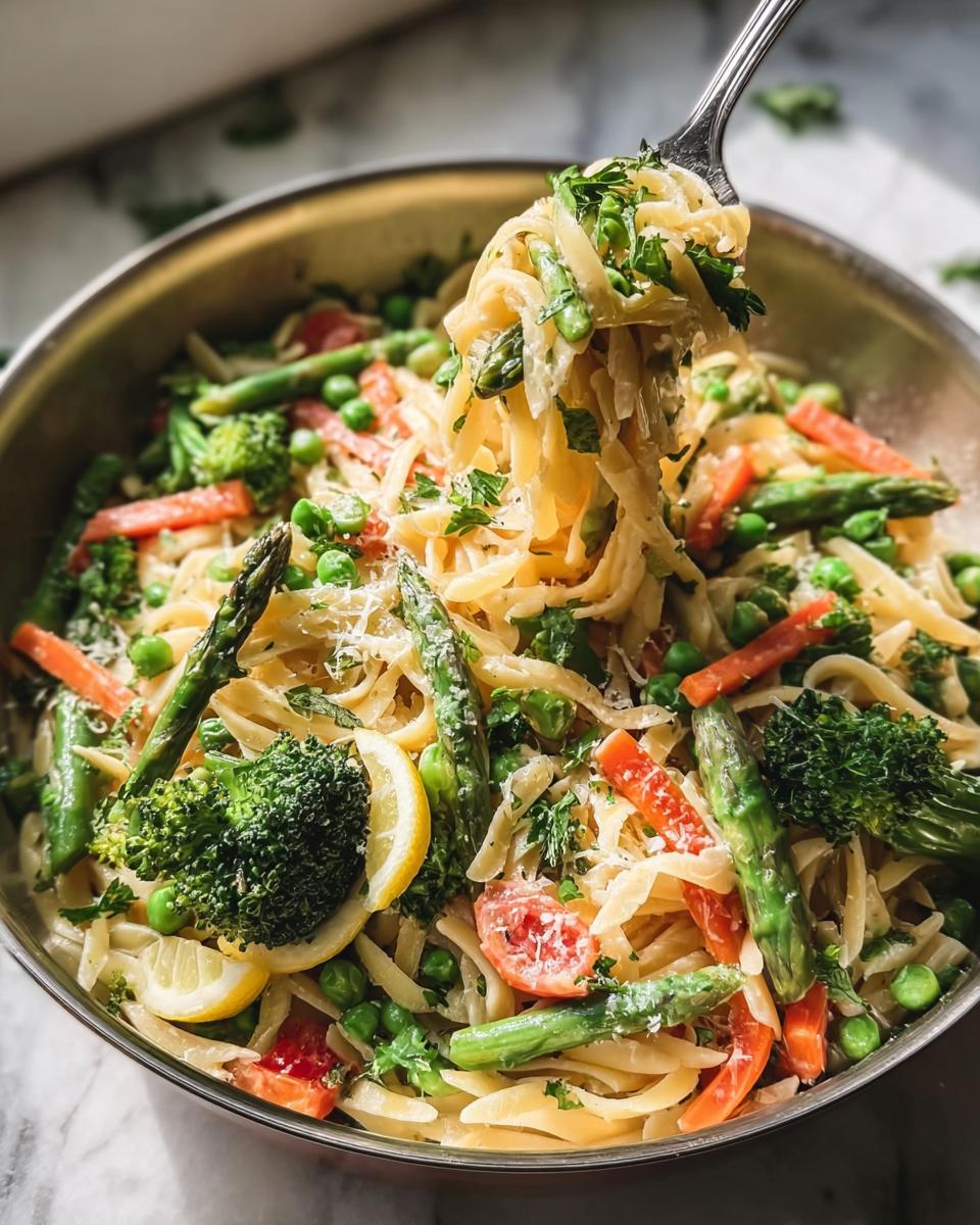 A fork lifting a portion of Simple Pasta Primavera with Colorful Veggies from a pan, showing asparagus, broccoli, peas, and carrots.