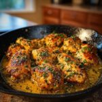 Close-up of Skillet Garlic Butter Chicken pieces in a cast-iron pan, glistening with sauce and sprinkled with fresh parsley.