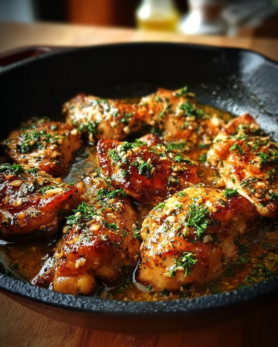 Close-up of juicy Skillet Garlic Butter Chicken pieces in a cast iron pan, glistening with sauce and topped with fresh parsley.