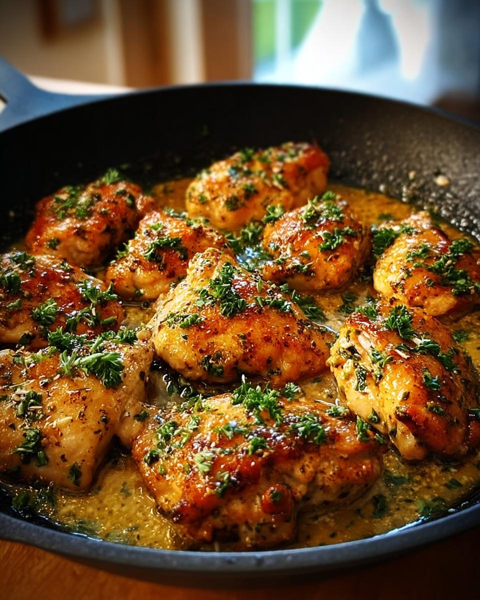 Close-up of Skillet Garlic Butter Chicken pieces in a pan, glistening with sauce and sprinkled with parsley.