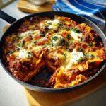 A close-up view of a freshly baked Skillet Lasagna with All the Cozy Layers, topped with melted cheese and fresh parsley.