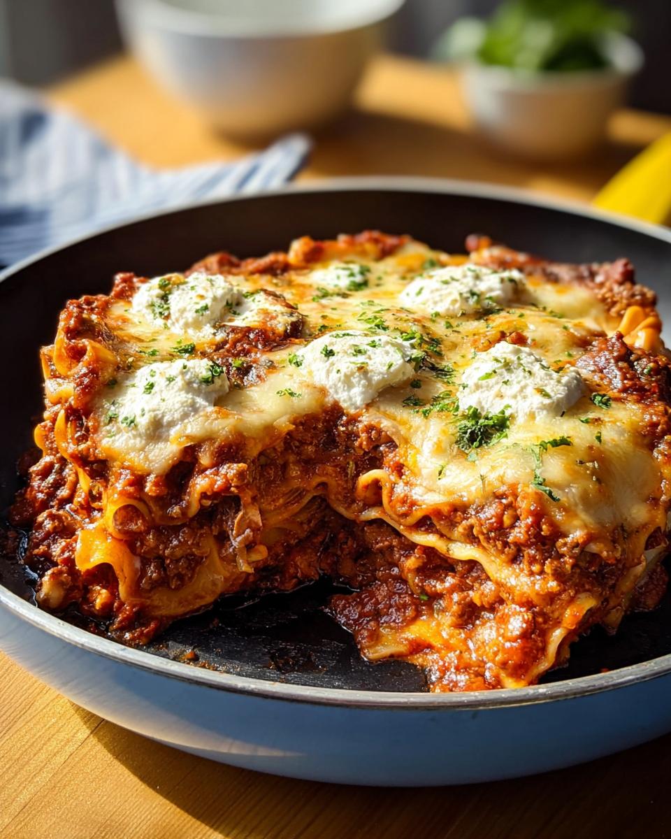 A slice of hearty Skillet Lasagna with all the cozy layers, topped with ricotta and parsley, in a skillet.