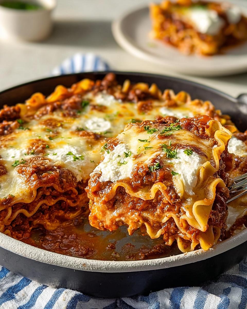 A fork lifts a generous slice of Skillet Lasagna, revealing cozy layers of pasta, meat sauce, and ricotta cheese.