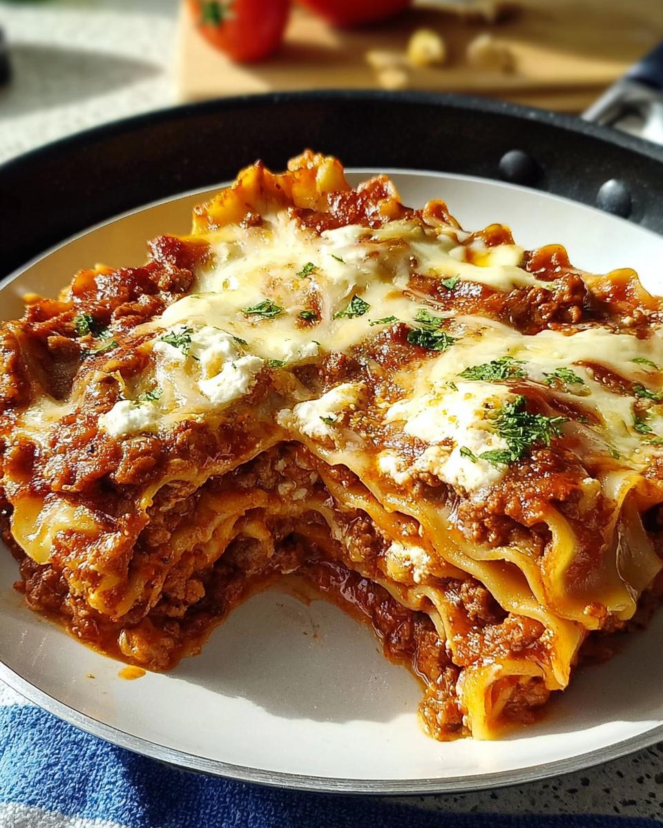 A slice of Skillet Lasagna with all the cozy layers, showing pasta, meat sauce, and melted cheese.