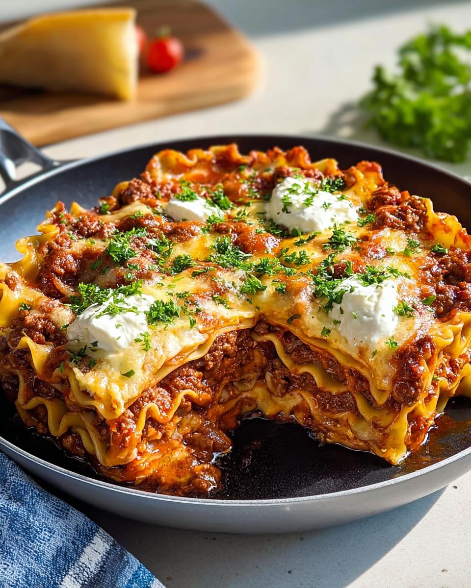 A slice of hearty Skillet Lasagna with all the cozy layers, topped with dollops of ricotta and fresh parsley.