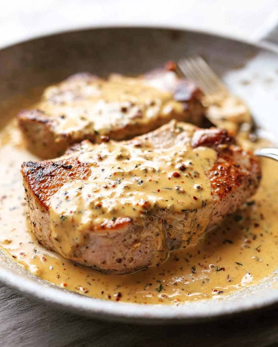 Two juicy skillet pork chops smothered in a rich and creamy Dijon sauce, served in a pan.