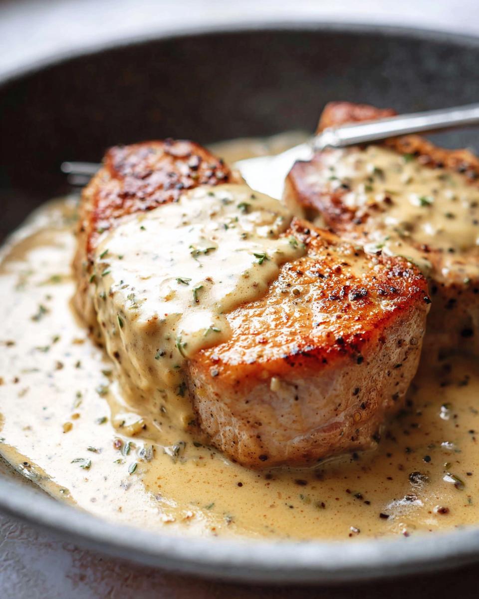 Two juicy skillet pork chops coated in a rich creamy Dijon sauce, garnished with herbs.
