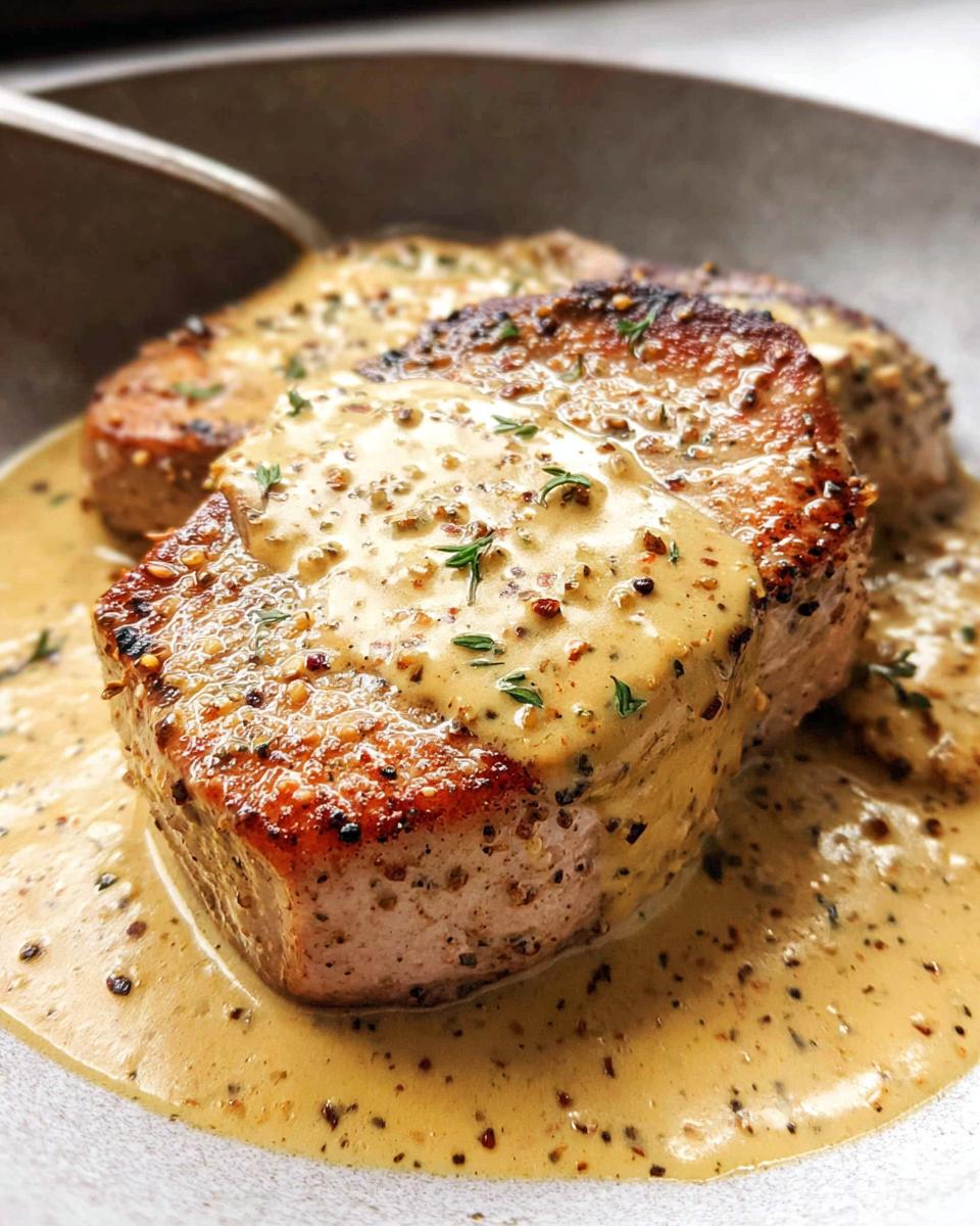 Close-up of tender skillet pork chops smothered in a rich, creamy Dijon sauce with herbs.