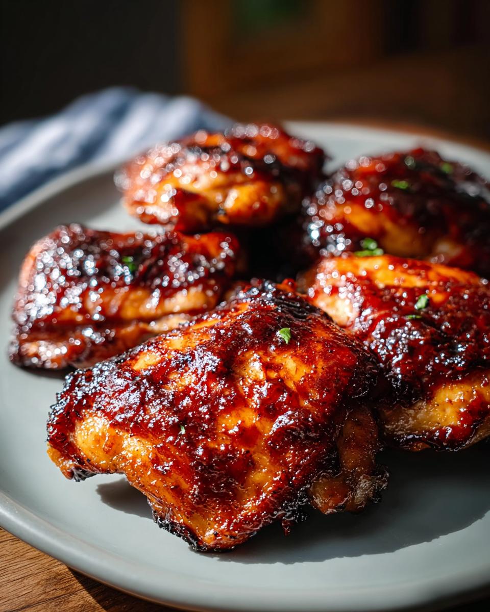 Close-up of delicious Smoky BBQ Chicken Thighs with glistening, caramelized edges, served on a gray plate.