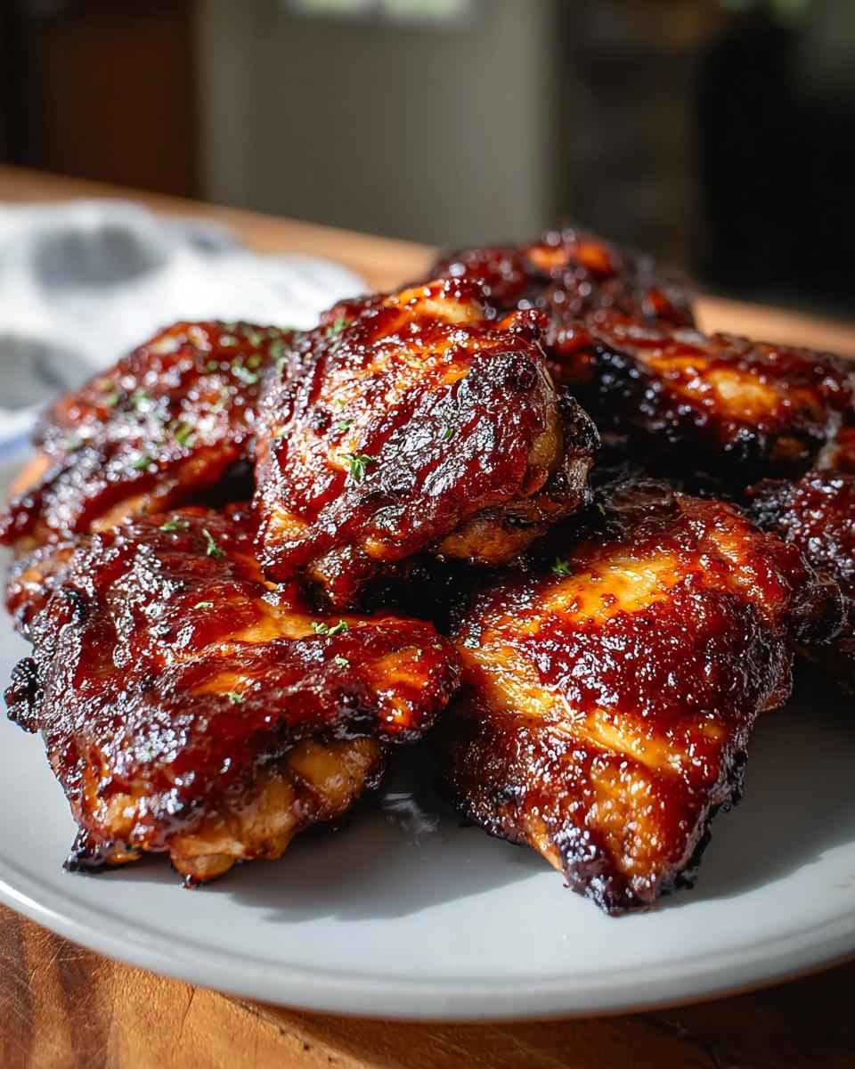 A plate of juicy Smoky BBQ Chicken Thighs with deep caramelized edges and a sprinkle of herbs.
