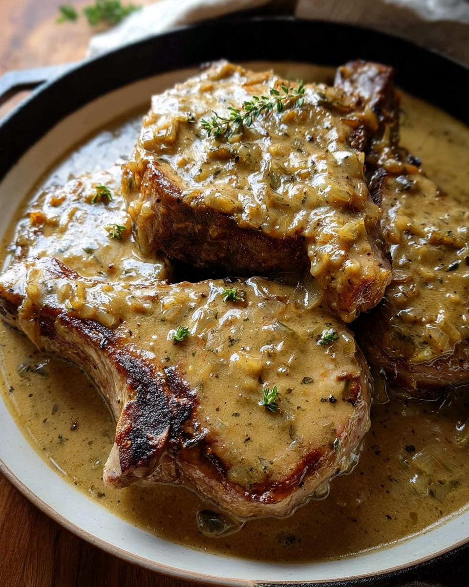 Three juicy smothered pork chops covered in rich onion gravy, garnished with fresh thyme.