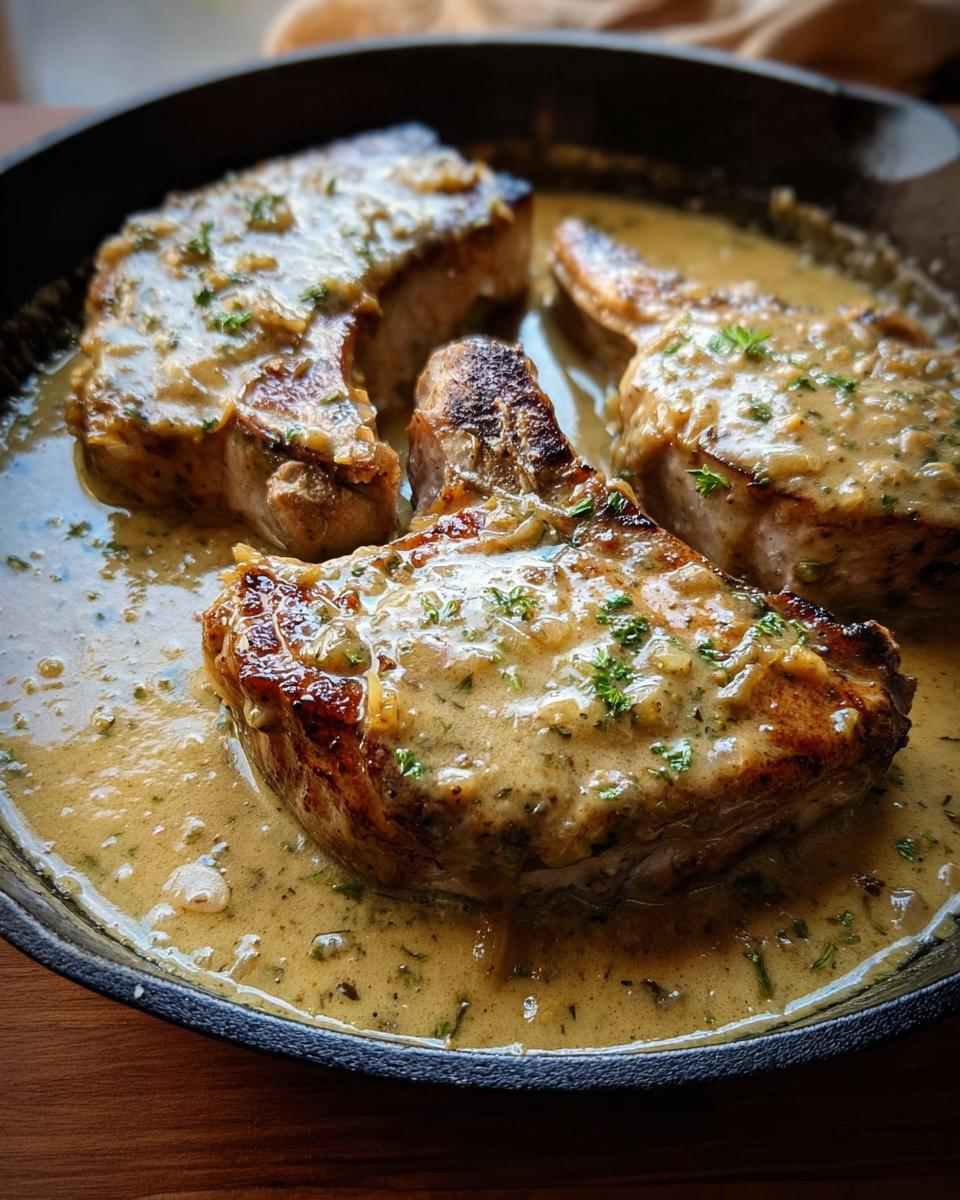 Three juicy Smothered Pork Chops with Onion Gravy simmering in a cast iron skillet, garnished with parsley.