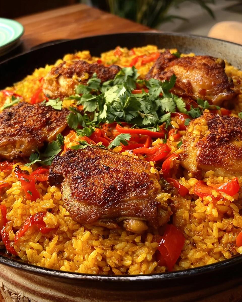 Close-up of Spanish Style Chicken and Rice with Paprika, featuring golden rice, tender chicken thighs, and red peppers.