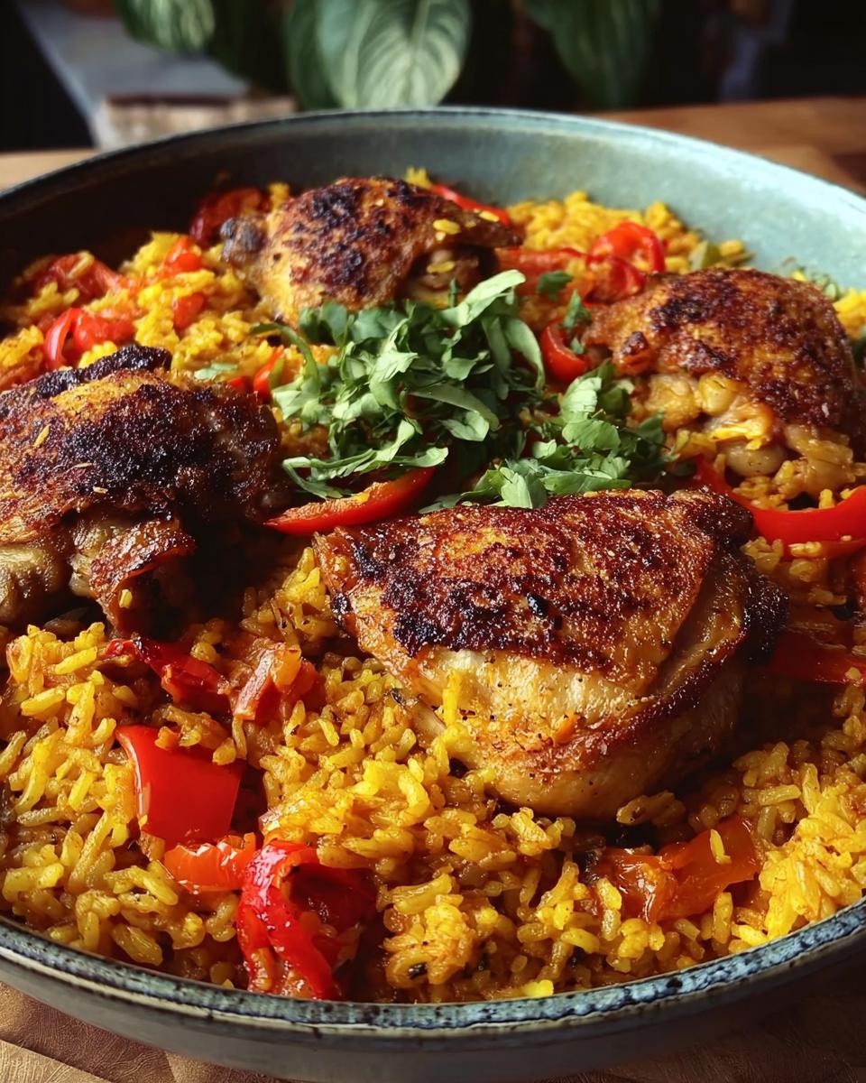 A close-up of Spanish Style Chicken and Rice with Paprika, featuring golden rice, tender chicken thighs, and red peppers.