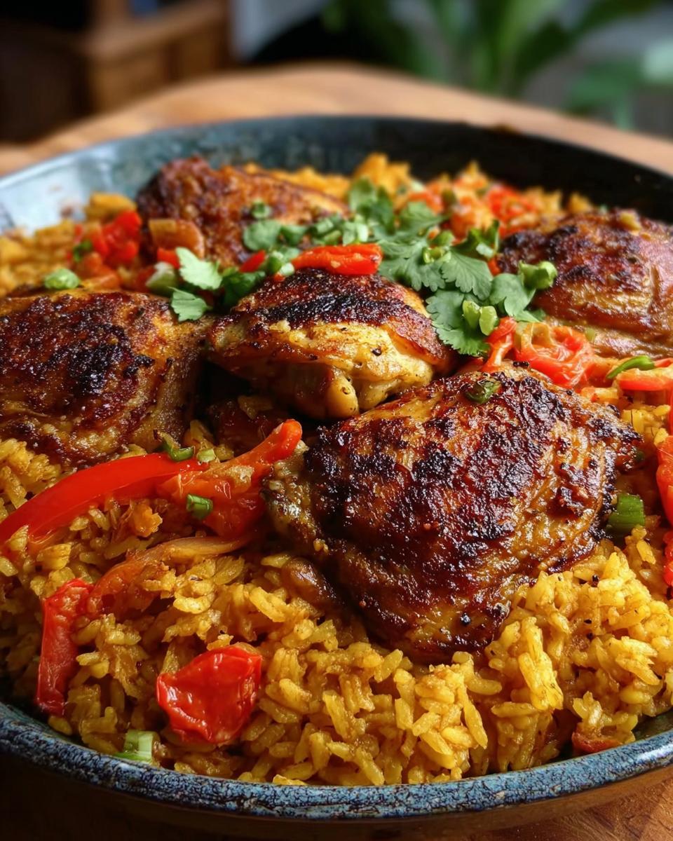 A close-up of Spanish Style Chicken and Rice with Paprika, featuring golden rice and crispy chicken thighs.