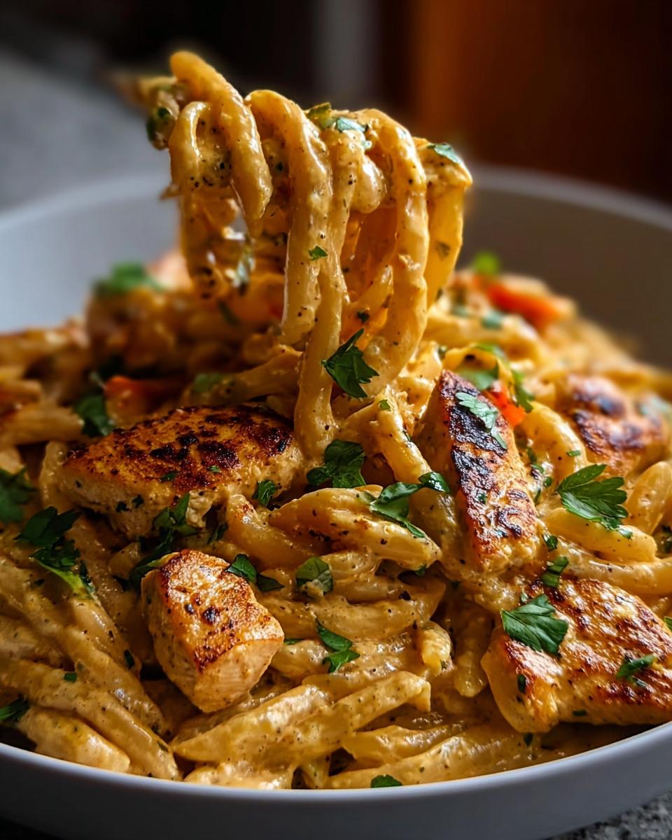 A fork twirls creamy Spicy Cajun Chicken Pasta with chunks of seasoned chicken and fresh parsley.