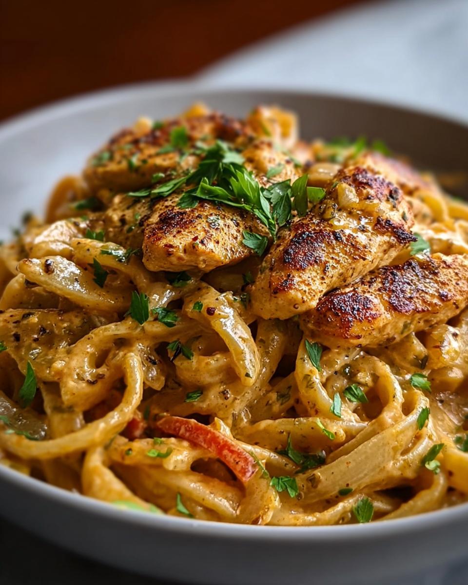 A close-up of Spicy Cajun Chicken Pasta with Creamy Sauce, topped with fresh parsley.