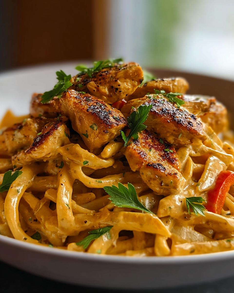 A close-up of Spicy Cajun Chicken Pasta with Creamy Sauce, topped with grilled chicken pieces and fresh parsley.