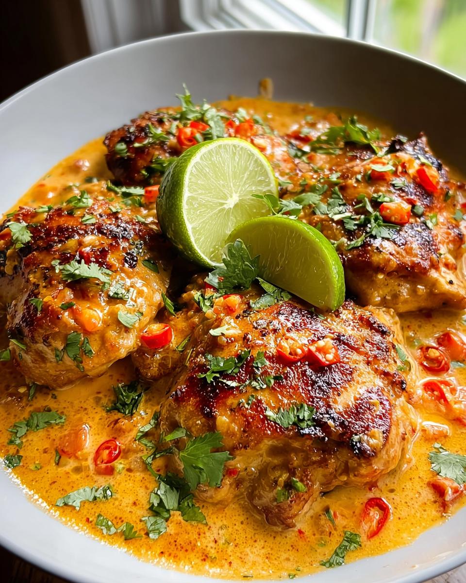 A close-up of Spicy Cajun Chicken with Smoky Paprika, served in a creamy sauce with lime wedges and fresh cilantro.