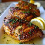 Juicy Spicy Cajun Chicken with Smoky Paprika, garnished with parsley and lemon slices.