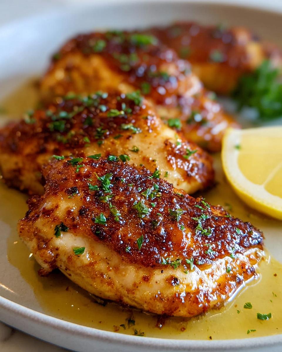 Close-up of pan-seared Spicy Cajun Chicken with Smoky Paprika, garnished with parsley and a lemon wedge.