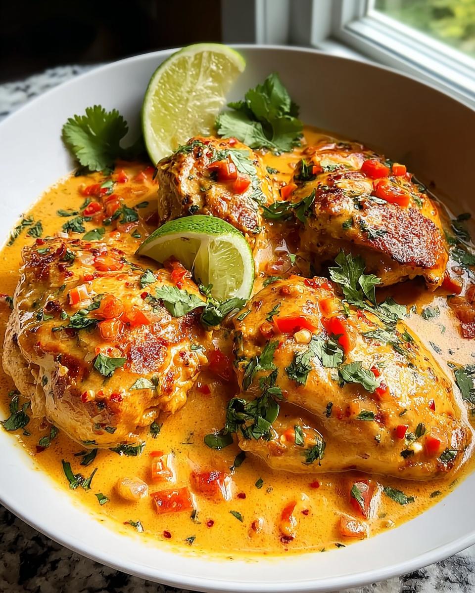A bowl of Spicy Cajun Chicken with Smoky Paprika, coated in a creamy sauce with chopped red peppers and cilantro, garnished with lime wedges.
