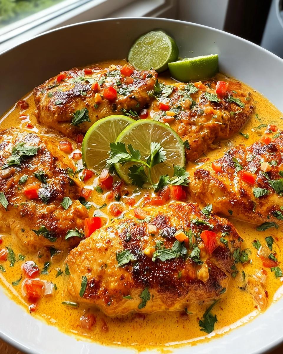 Close-up of Spicy Cajun Chicken with Smoky Paprika, served in a creamy sauce with chopped red peppers, cilantro, and lime wedges.