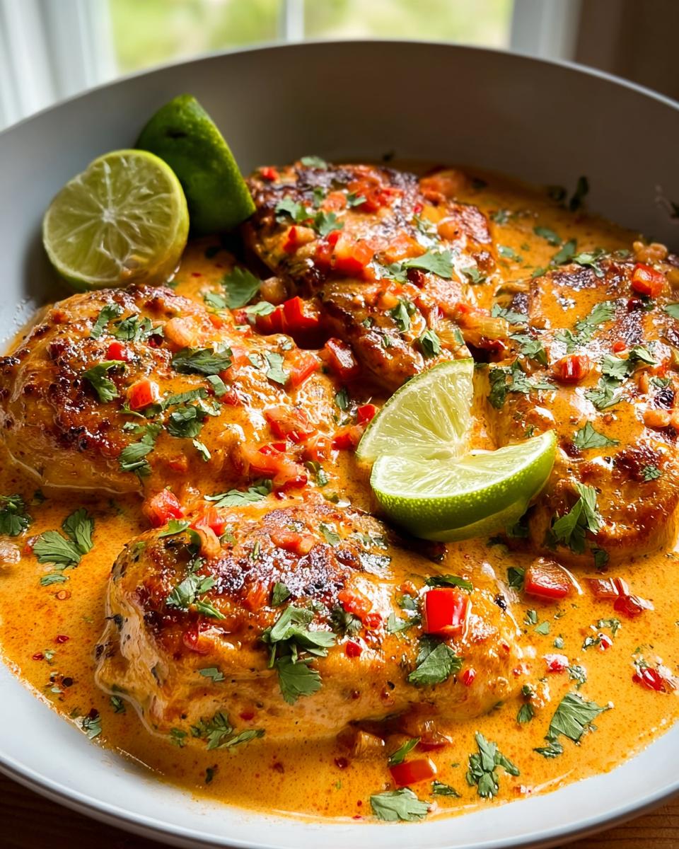 Close-up of Spicy Cajun Chicken with Smoky Paprika in a creamy orange sauce, garnished with lime wedges and cilantro.