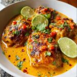 A bowl of Spicy Cajun Chicken with Smoky Paprika, coated in a rich orange sauce and garnished with lime and cilantro.
