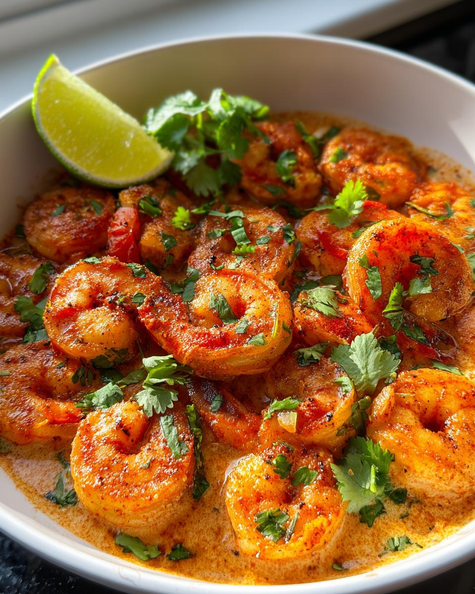 A close-up of Spicy Cajun Shrimp with Smoky Seasoning in a creamy sauce, garnished with cilantro and a lime wedge.