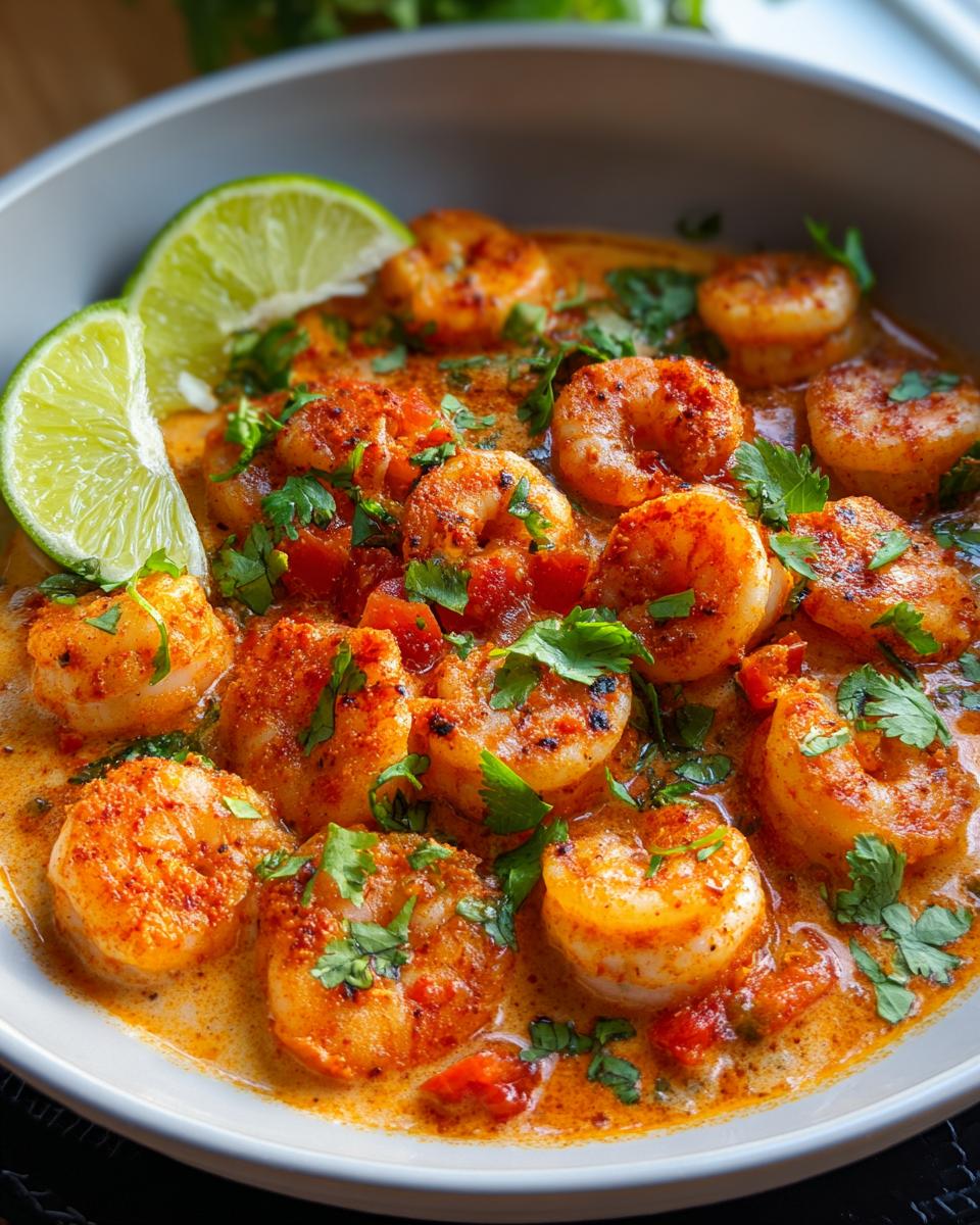 A bowl of Spicy Cajun Shrimp with Smoky Seasoning, garnished with lime wedges and cilantro.