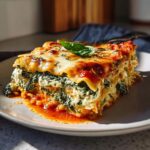 A delicious slice of Spinach Ricotta Lasagna with Garlic Herb Flavor, featuring layers of pasta, creamy ricotta, and spinach, topped with melted cheese and marinara sauce.